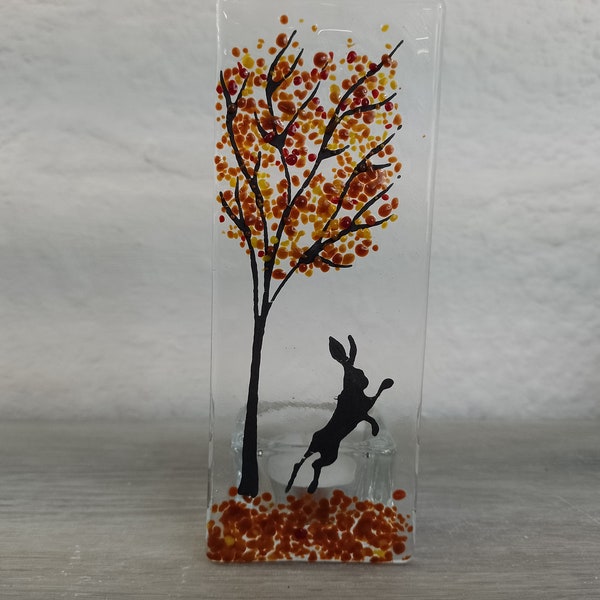 Fused Glass Tea Light Holder, Fused Glass Hare Tea Light Holder, Fused Glass Tealight Vase, Hare Silhouette Tealight, Summer tree