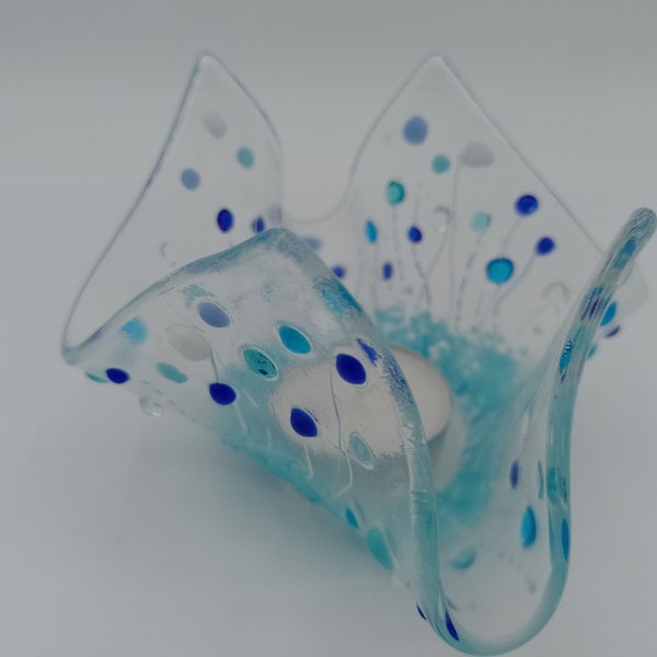 Fused Glass Tea Light Holder, Fused Glass Blue Tea Light Holder, Fused Glass Tealight Vase, Handkerchief Vase, Fused Glass Tealight Holder