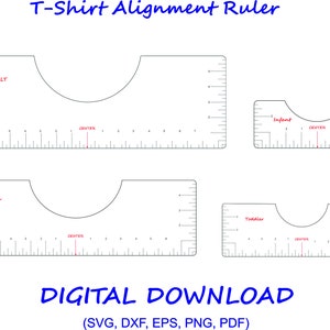 Op de afbeelding: Een digitale download van een T-Shirt Alignment Ruler-sjabloon voor verschillende maten: Volwassene, Jeugd, Baby en Peuter. De liniaal is ontworpen om te helpen bij het uitlijnen van ontwerpen op T-shirts.
