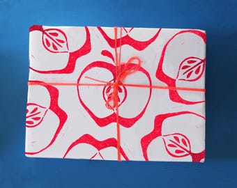 Hand Block Printed Red & Green Apple Gift Wrap, Foodie Wrapping Paper, Set of 3