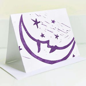 Hand Block Printed Celestial Card – 4×6 Moon & Stars Art Notecard with Envelope