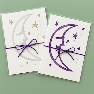 Hand Block Printed Celestial Card – 5×7 Moon & Stars Art Print with Envelope – Cosmic/Astronomy Greeting