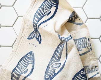 Hand Block Printed Fish Tea Towel, Coastal Linen Kitchen Decor