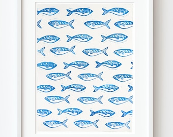 May include: A framed print with a repeating pattern of blue fish illustrations on a white background. The fish are stylized with detailed lines, creating a textured effect. The artwork is presented in a white frame.