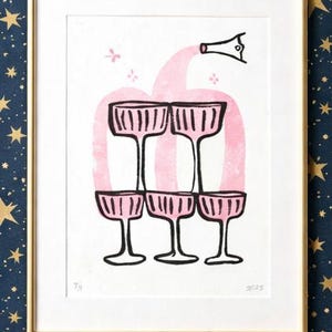 Champagne Fountain Toast Block Print, Handmade Art (5x7) with Envelope