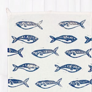 Blue Swimming Fish Pattern Flour Sack Cotton Kitchen Tea Towel