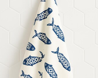 Hand Printed Navy Blue Fish Pattern Flour Sack Cotton Kitchen Tea Towel