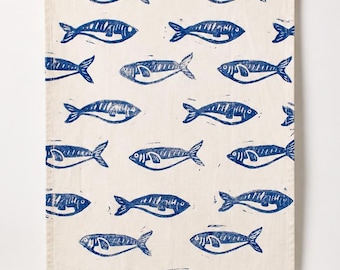 Blue Swimming Fish Pattern Flour Sack Cotton Kitchen Tea Towel