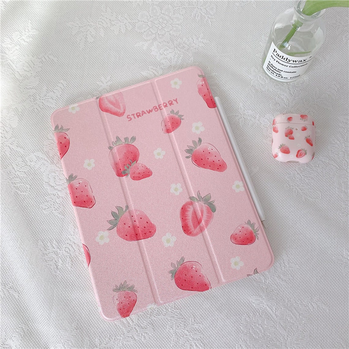 Summer pink strawberry cute iPad case with pencil holder for Etsy
