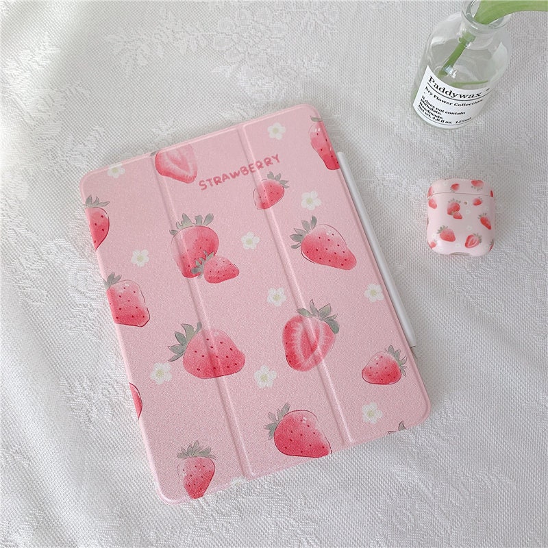 Summer pink strawberry cute iPad case with pencil holder for iPad9.7"/10.2"/10.5"/11in,iPad Air,iPad mini5,iPad Pro2021,iPad 2020/2019/2018