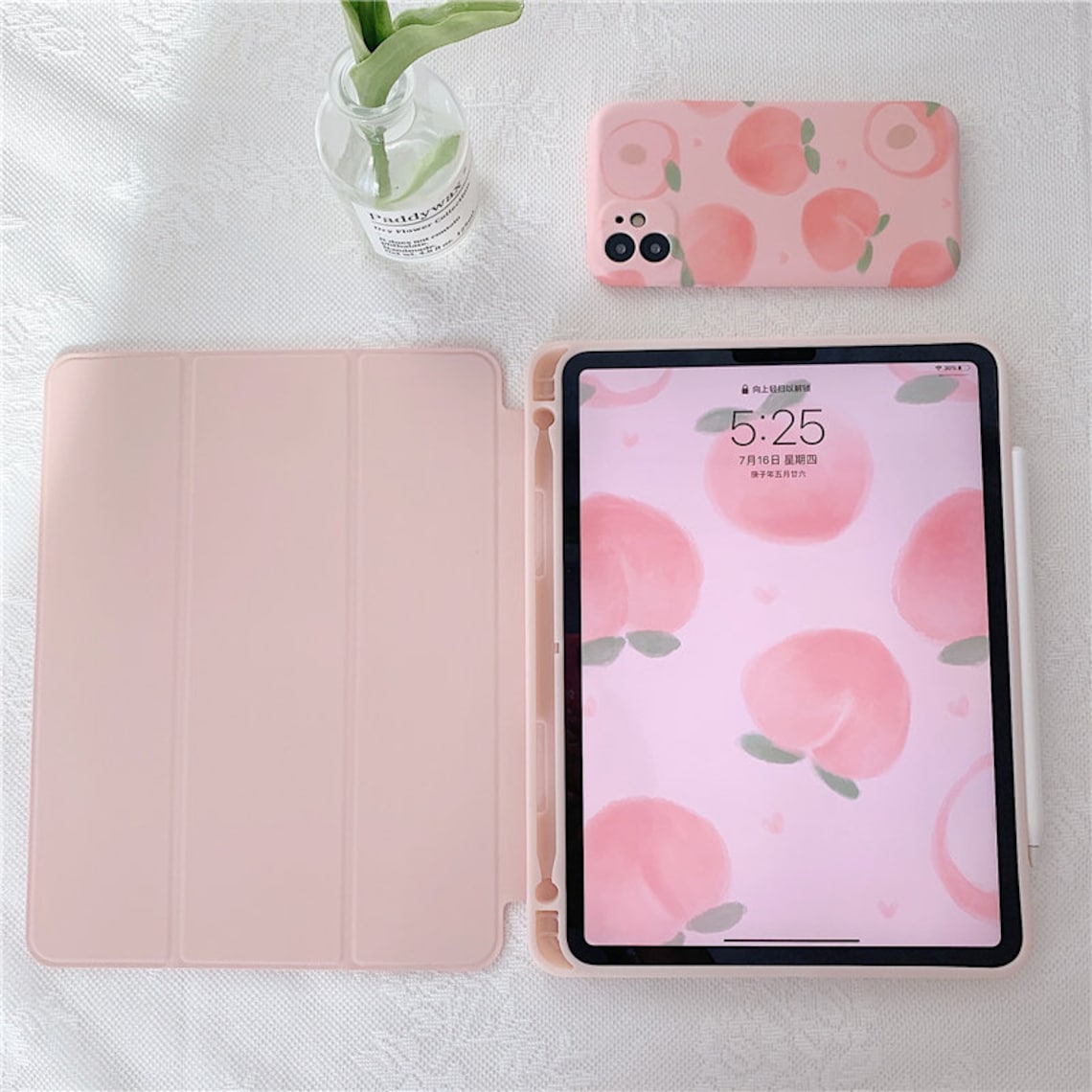 Summer pink peach cute iPad case with pencil holder for Etsy