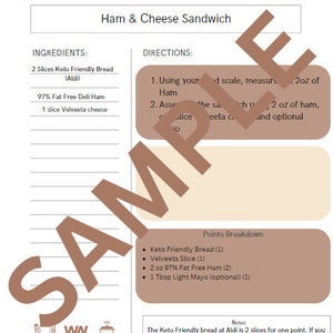 May include: A printable recipe card for a ham and cheese sandwich. The recipe card includes ingredients, directions, points breakdown, and notes. The recipe card is designed for Weight Watchers.