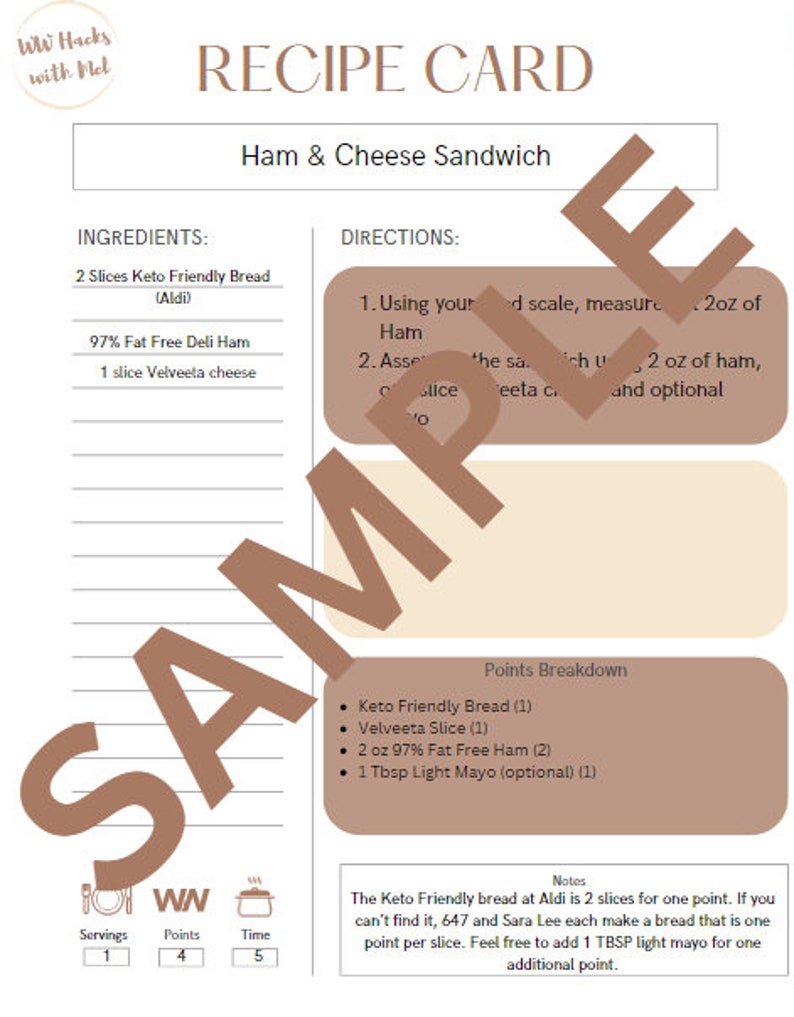 May include: A printable recipe card for a ham and cheese sandwich. The recipe card includes ingredients, directions, points breakdown, and notes. The recipe card is designed for Weight Watchers.