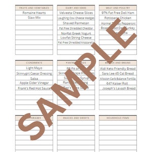 May include: A printable shopping list planner with categories for fruits and vegetables, dairy and eggs, meat and poultry, condiments, pantry staples, breads and grains, beverages, snacks and sweets, and household items. The planner is designed to help people organize their grocery shopping.