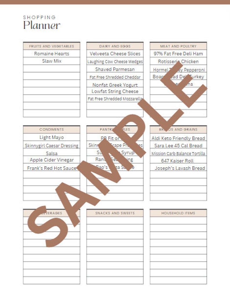 May include: A printable shopping list planner with categories for fruits and vegetables, dairy and eggs, meat and poultry, condiments, pantry staples, breads and grains, beverages, snacks and sweets, and household items. The planner is designed to help people organize their grocery shopping.