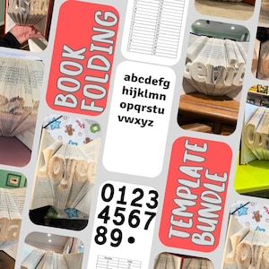 Puede incluir: Un paquete de plantillas para plegado de libros con varios ejemplos de libros cuyas páginas están dobladas para formar letras y números. La imagen incluye el texto BOOK FOLDING TEMPLATE BUNDLE, una lista alfabética y números del cero al nueve.