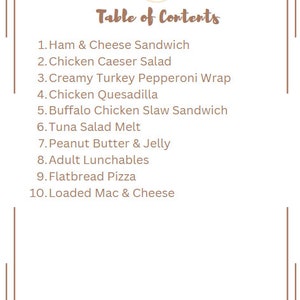 May include: A table of contents for a WW Hacks with Mel guide, listing 10 different lunch ideas, including Ham & Cheese Sandwich, Chicken Caesar Salad, Creamy Turkey Pepperoni Wrap, Chicken Quesadilla, Buffalo Chicken Slaw Sandwich, Tuna Salad Melt, Peanut Butter & Jelly, Adult Lunchables, Flatbread Pizza, and Loaded Mac & Cheese.
