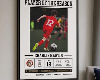 Personalised Football Photo Poster Print, Sports Player of the Season Custom Kids Award Keepsake (A4/A3) Framed Achievement Print