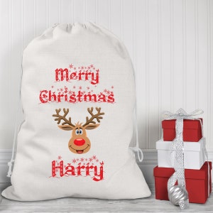 Personalised Santa Sack, Christmas Stocking, Merry Christmas Reindeer Large Christmas Sack, Kids Santa Bag, Santa Toy Sack, XL Gift Bag