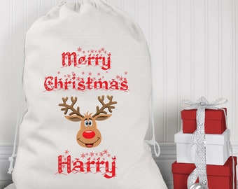 Personalised Santa Sack, Christmas Stocking, Merry Christmas Reindeer Large Christmas Sack, Kids Santa Bag, Santa Toy Sack, XL Gift Bag