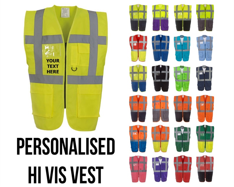 May include: A selection of 24 high visibility safety vests in various colours, including yellow, orange, red, blue, green, and purple. Each vest has reflective strips and multiple pockets. The vests are personalised with the text "YOUR TEXT HERE".