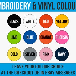 May include: A chart of embroidery and vinyl colors. The colors include black, white, red, yellow, lime, blue, orange, fuchsia, gold, silver, pink, and navy.