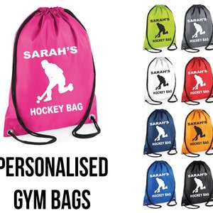 May include: A collection of personalized gym bags in various colors, including pink, green, gray, white, red, blue, and orange. Each bag features a hockey player silhouette and the text "SARAH'S HOCKEY BAG". The words "PERSONALISED GYM BAGS" are displayed below.