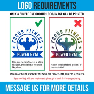 May include: A graphic design guide for a gym logo. The guide shows a single color logo with a muscular figure in a circle with the text "Focus Fitness Power Gym" and a multi-color logo with the same text. The guide states that only a single color logo can be printed and that the logo should not contain shadows, gradients, or too much detail.