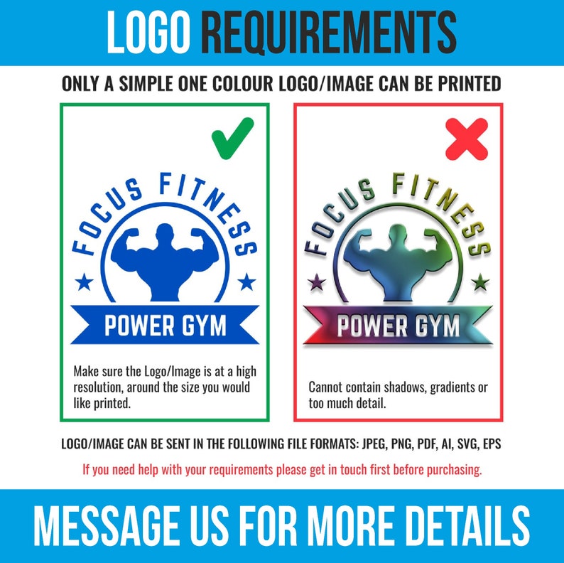 May include: A graphic design guide for a gym logo. The guide shows a single color logo with a muscular figure in a circle with the text "Focus Fitness Power Gym" and a multi-color logo with the same text. The guide states that only a single color logo can be printed and that the logo should not contain shadows, gradients, or too much detail.