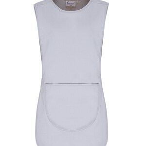 May include: A light gray sleeveless apron with a single large pocket on the front. The apron has a rounded bottom hem and a label that reads "Premier" in the upper center.