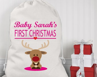 Personalised Santa Sack, Baby 1st Christmas Stocking, Girls Reindeer Large Christmas Sack, Kids Santa Bag, Santa Toy Sack, XL Gift Bag