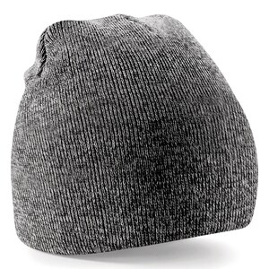 May include: A gray beanie with a slouchy fit. The beanie is made of a soft, knitted fabric.