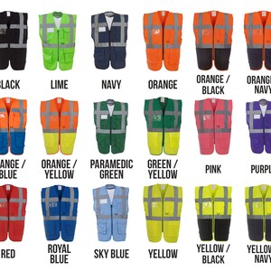 May include: A collection of safety vests in various colours, including black, lime, navy, orange, orange/black, orange/navy, orange/blue, orange/yellow, paramedic green, green/yellow, pink, purple, red, royal blue, sky blue, yellow, yellow/black, and yellow/navy.