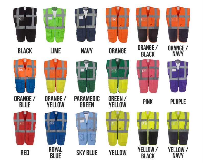 May include: A collection of safety vests in various colours, including black, lime, navy, orange, orange/black, orange/navy, orange/blue, orange/yellow, paramedic green, green/yellow, pink, purple, red, royal blue, sky blue, yellow, yellow/black, and yellow/navy.