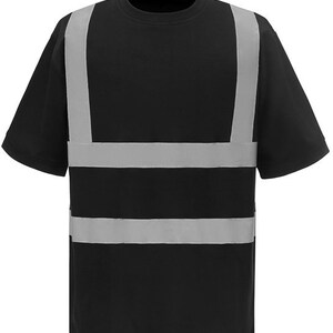 May include: Black short-sleeved t-shirt with reflective silver stripes across the chest and shoulders.