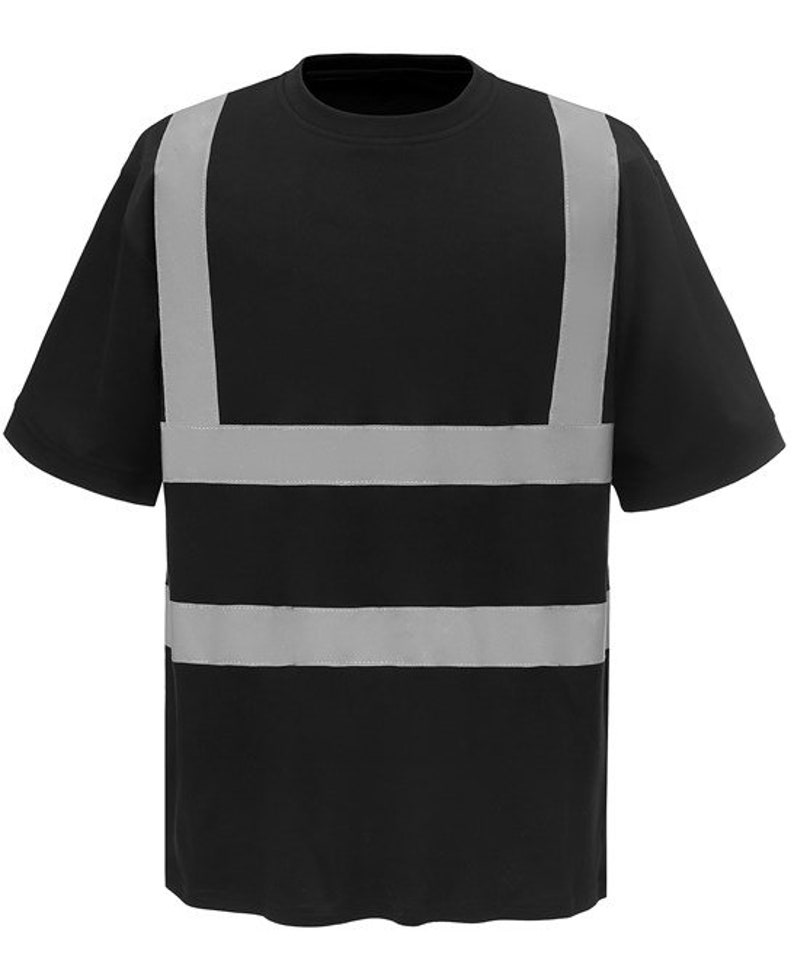 May include: Black short-sleeved t-shirt with reflective silver stripes across the chest and shoulders.