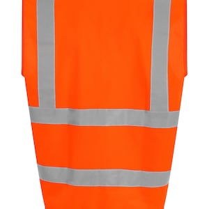 May include: Orange safety vest with reflective silver stripes. The vest has a sleeveless design.