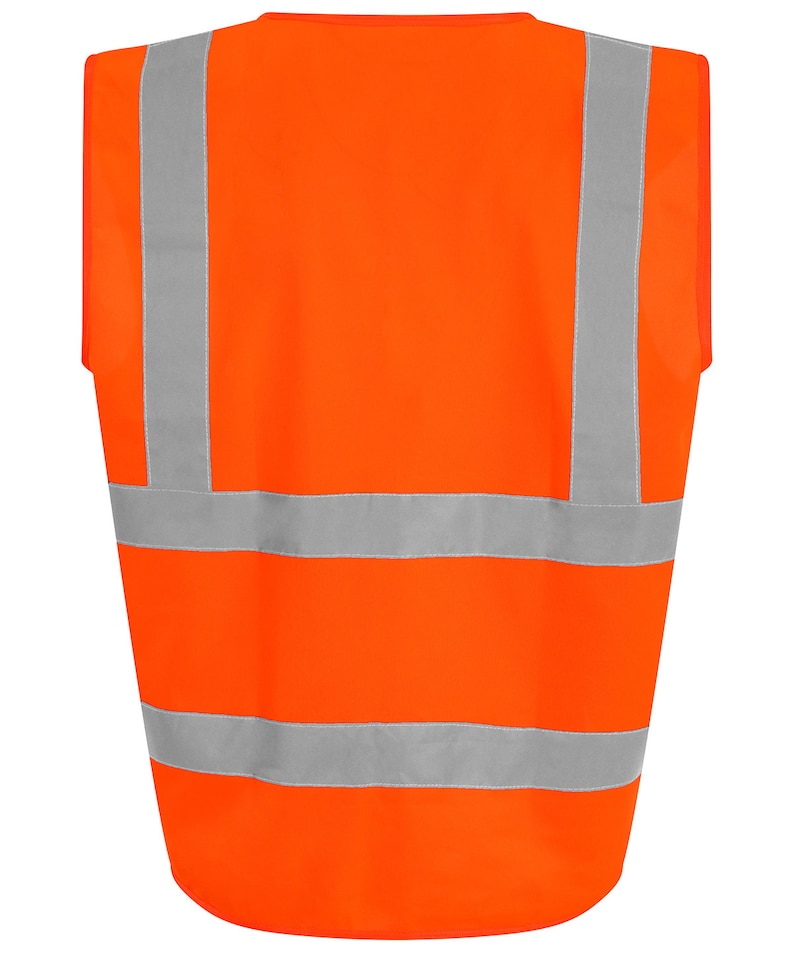 May include: Orange safety vest with reflective silver stripes. The vest has a sleeveless design.