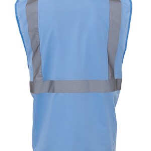 May include: A light blue safety vest with two reflective silver stripes across the chest.