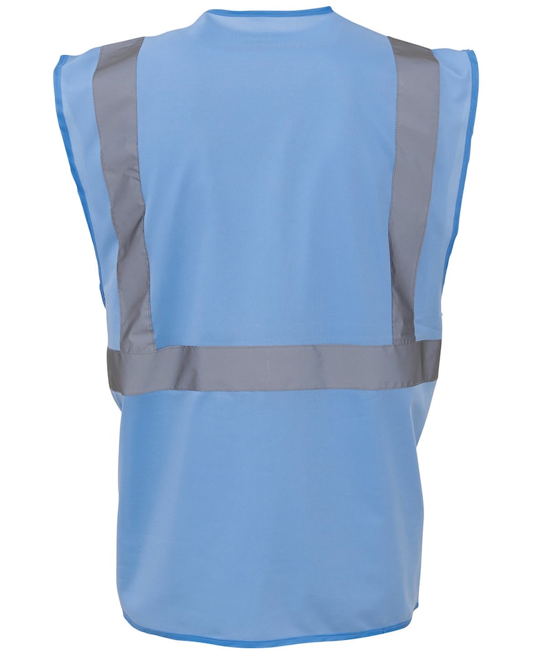 May include: A light blue safety vest with two reflective silver stripes across the chest.