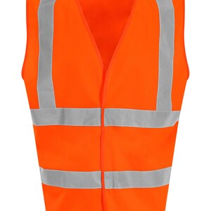 May include: Orange safety vest with reflective silver stripes. The vest has a V-neck and a snap closure.
