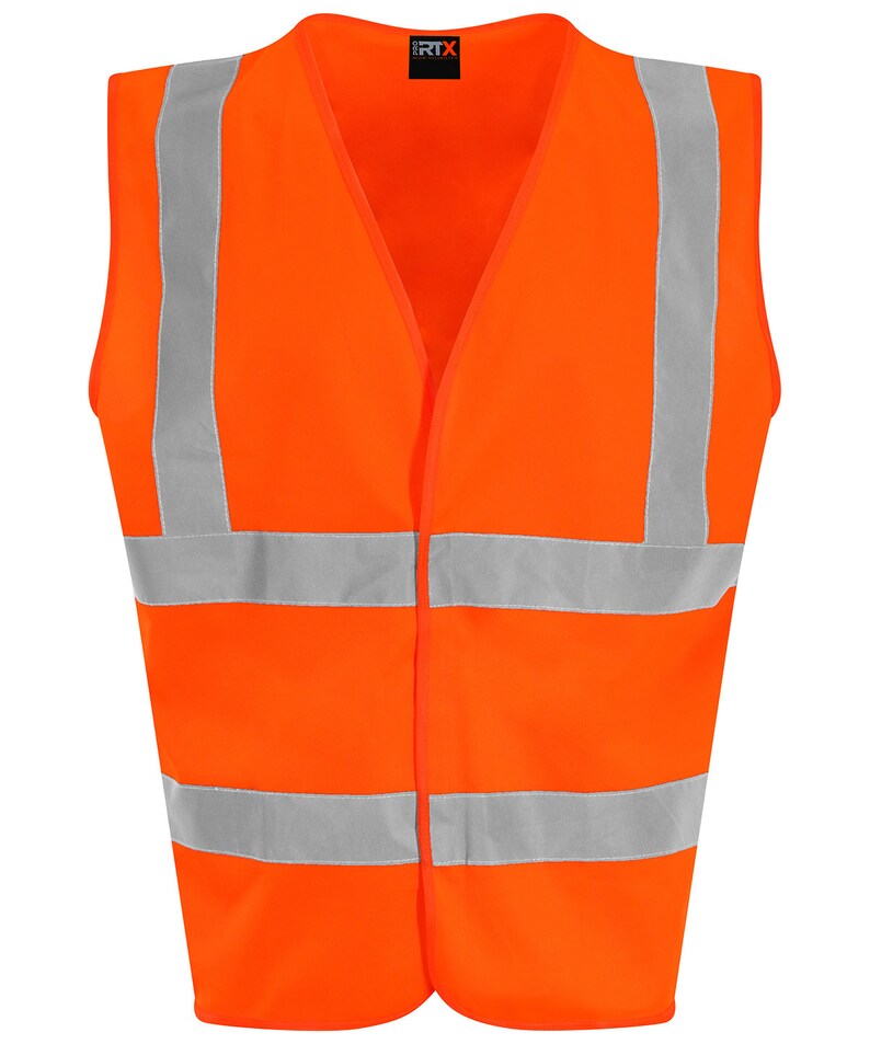 May include: Orange safety vest with reflective silver stripes. The vest has a V-neck and a snap closure.
