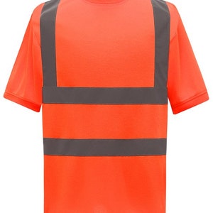 May include: Orange short-sleeved t-shirt with reflective gray stripes. The shirt is made of a lightweight, breathable fabric and is ideal for work or outdoor activities.