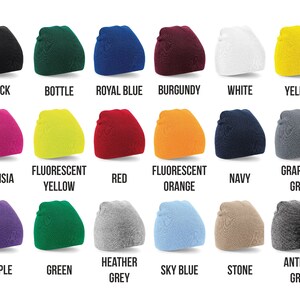 May include: A collection of 18 beanie hats in various colors, including black, bottle green, royal blue, burgundy, white, yellow, fuchsia, fluorescent yellow, red, fluorescent orange, navy, graphite grey, purple, green, heather grey, sky blue, stone, and antique grey.