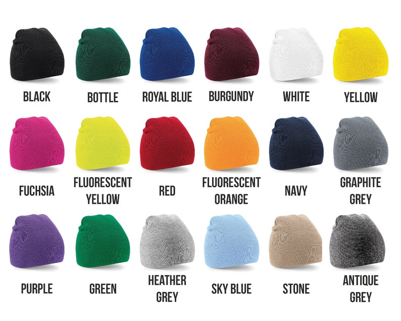 May include: A collection of 18 beanie hats in various colors, including black, bottle green, royal blue, burgundy, white, yellow, fuchsia, fluorescent yellow, red, fluorescent orange, navy, graphite grey, purple, green, heather grey, sky blue, stone, and antique grey.