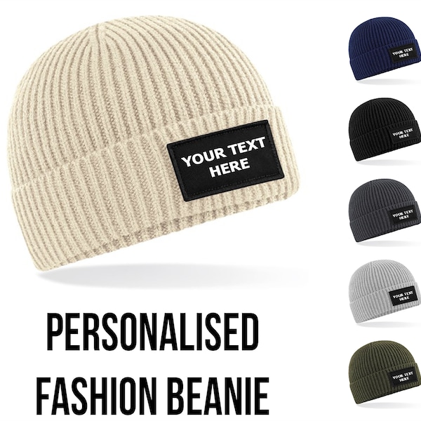 Personalised Beanie Hat Fashionable Custom Printed Winter Woolly Hat Unisex Mens Ladies Novelty Gift for Christmas Birthdays Cuffed Beany