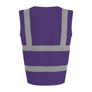 May include: Purple safety vest with reflective silver stripes. The vest has a V-neck and is sleeveless.