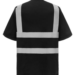 May include: Black short-sleeved t-shirt with three horizontal reflective silver stripes across the back.