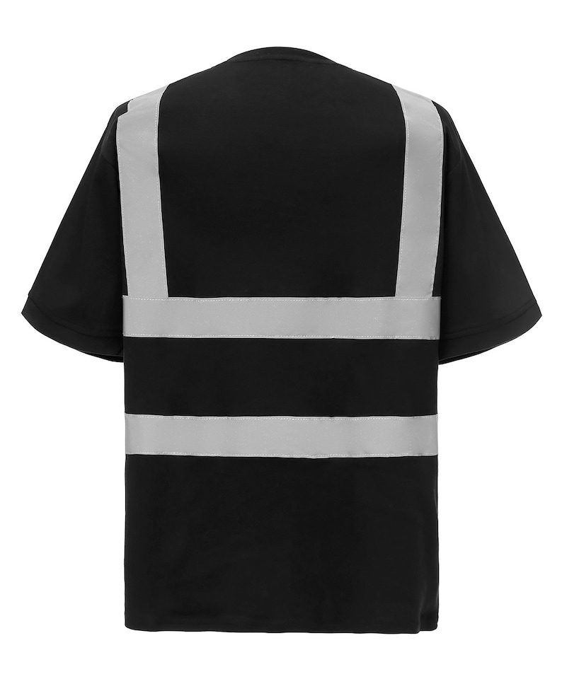 May include: Black short-sleeved t-shirt with three horizontal reflective silver stripes across the back.