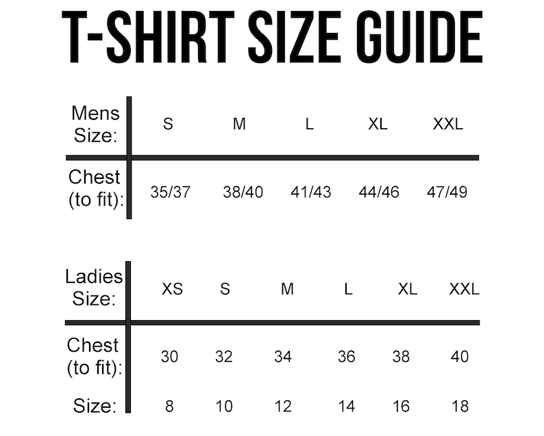 Op de afbeelding: T-shirt maattabel met metingen in inches voor mannen en vrouwen.  Herenmaten: S, M, L, XL, XXL.  Borst (om te passen): 35/37, 38/40, 41/43, 44/46, 47/49.  Damesmaten: XS, S, M, L, XL, XXL.  Borst (om te passen): 30, 32, 34, 36, 38, 40.  Maat: 8, 10, 12, 14, 16, 18.
